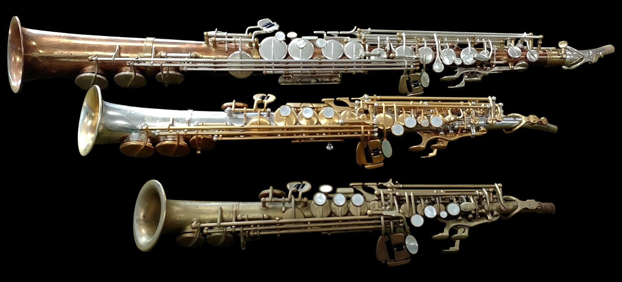 Handmade Rampone & Cazzani saxophones in brass, bronze and silver-toned finishes